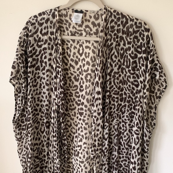 J Crew Leopard open front fringe detail kimono cape cardigan swim coverup SZ M/L - Picture 13 of 14